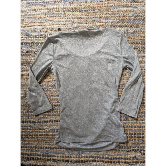 Y2K Metallic Gray Ruched Glitter Top S Scoop Neck 3/4 Sleeve Babydoll Shimmery B - Picture 6 of 6